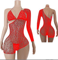 V449 Three Piece One Shoulder Mesh w/Rhinestone Lingerie Bikini Set