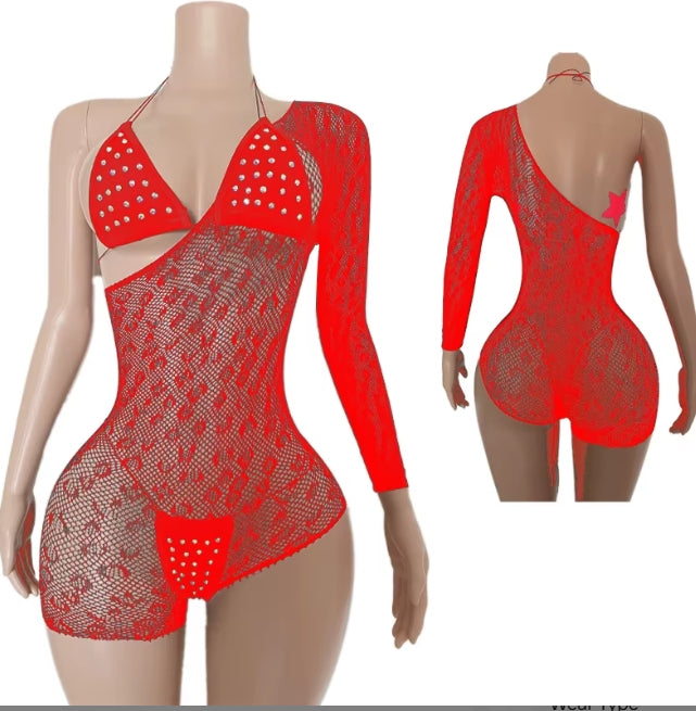 V449 Three Piece One Shoulder Mesh w/Rhinestone Lingerie Bikini Set