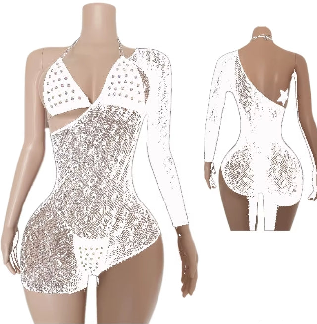 V449 Three Piece One Shoulder Mesh w/Rhinestone Lingerie Bikini Set