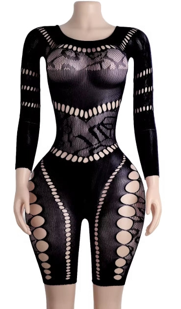 C551 Mesh Fishnet Pothole Long Sleeve Romper/Lingerie