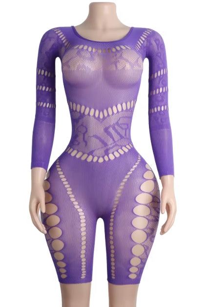 C551 Mesh Fishnet Pothole Long Sleeve Romper/Lingerie