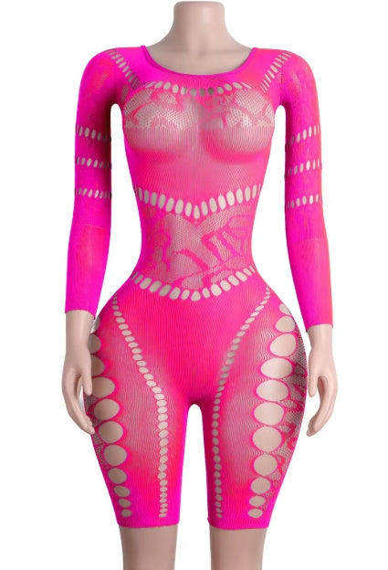 C551 Mesh Fishnet Pothole Long Sleeve Romper/Lingerie