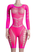 C551 Mesh Fishnet Pothole Long Sleeve Romper/Lingerie