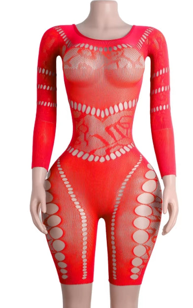 C551 Mesh Fishnet Pothole Long Sleeve Romper/Lingerie