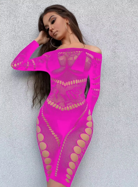 C551 Mesh Fishnet Pothole Long Sleeve Romper/Lingerie