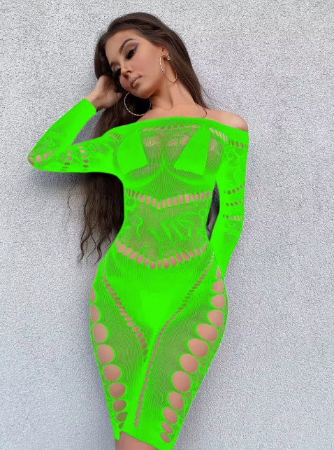 C551 Mesh Fishnet Pothole Long Sleeve Romper/Lingerie