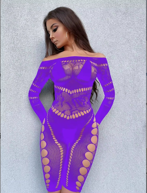 C551 Mesh Fishnet Pothole Long Sleeve Romper/Lingerie