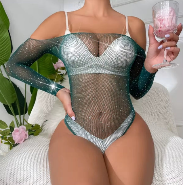 TZ09 Sheer Fishnet and Mesh Rhinestone Bodysuit
