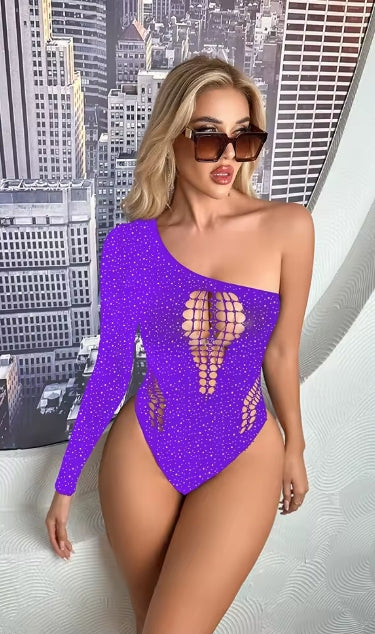 RZ711 One Sleeve Shredded Rhinestone Bodysuit