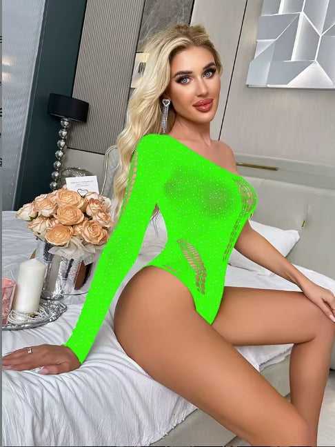 RZ711 One Sleeve Shredded Rhinestone Bodysuit