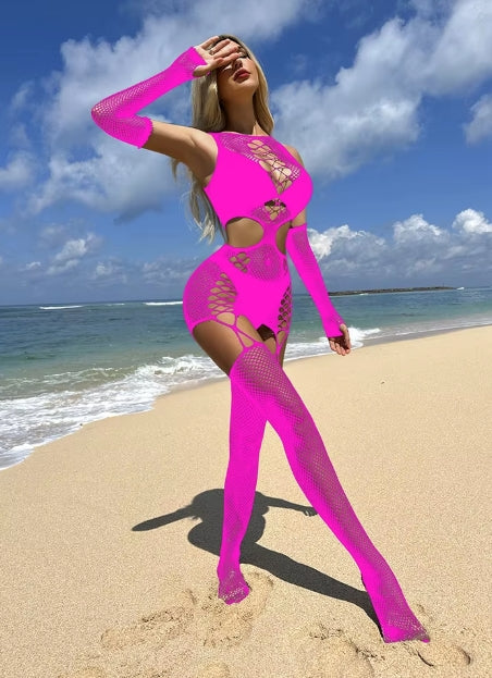 SK28 Mini Dress w/Stocking Design Fishnet Bodystocking