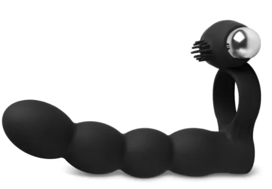 W177 - 7-Speed Black Color Silicone Vibrating Ring with Beads
