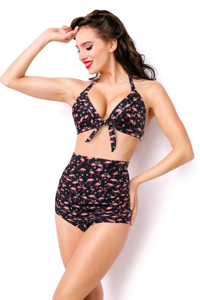 4101X Waterfowl Print Black High Waist Swimsuit