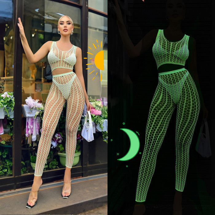 LUM15 Neon Green Luminous Hollow Net Beach Cover-Up/Lingerie