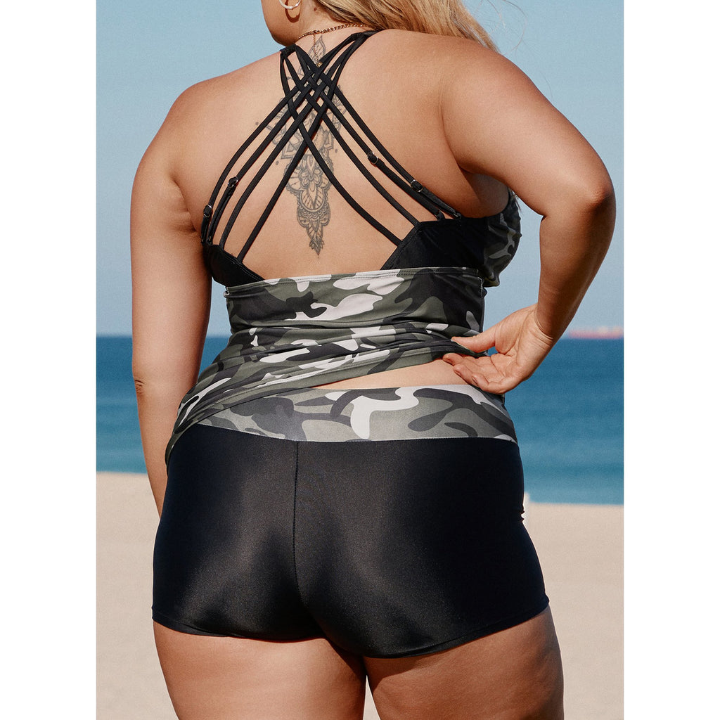 SL413 Black Camouflage Patchwork Crisscross Tankini