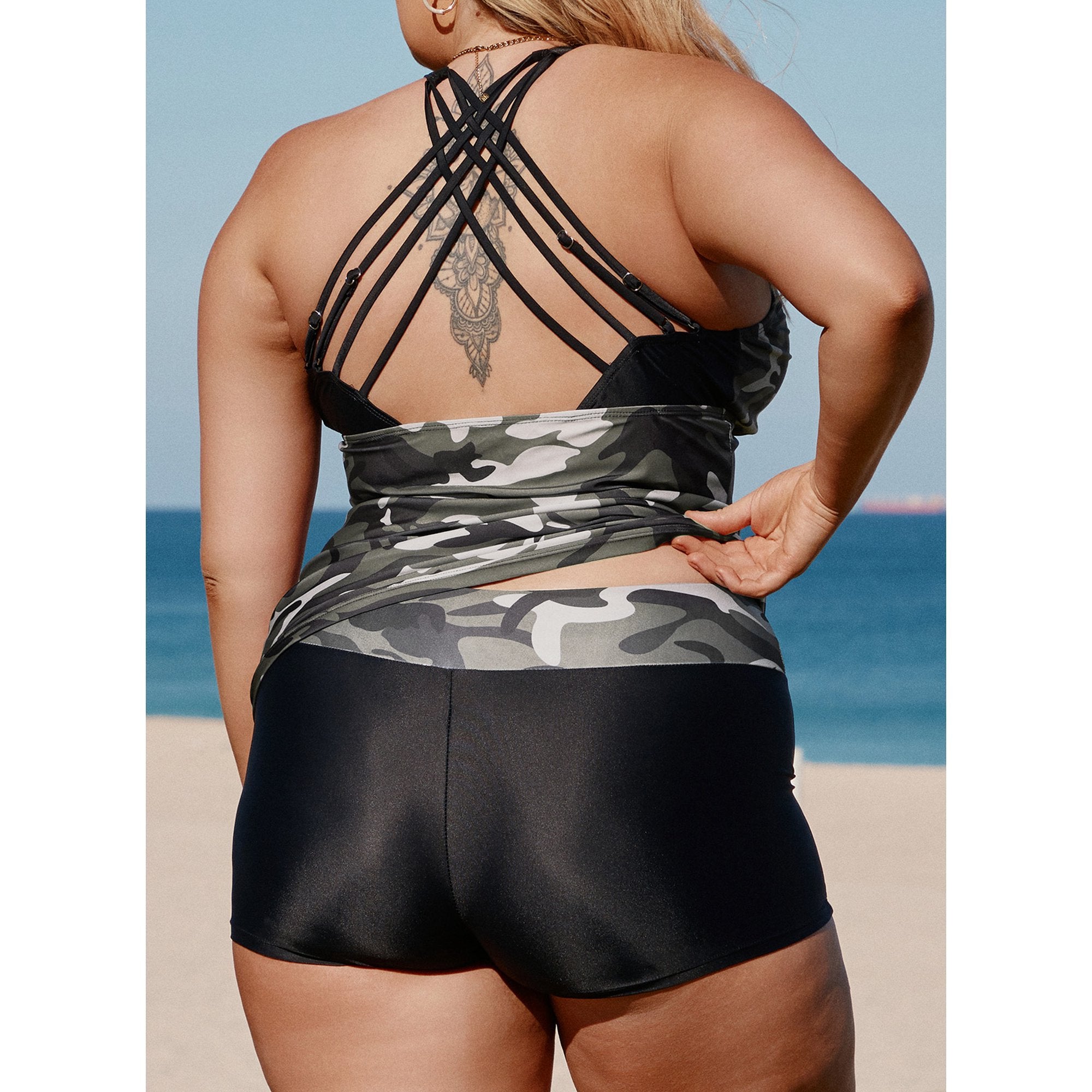 SL413 Black Camouflage Patchwork Crisscross Tankini