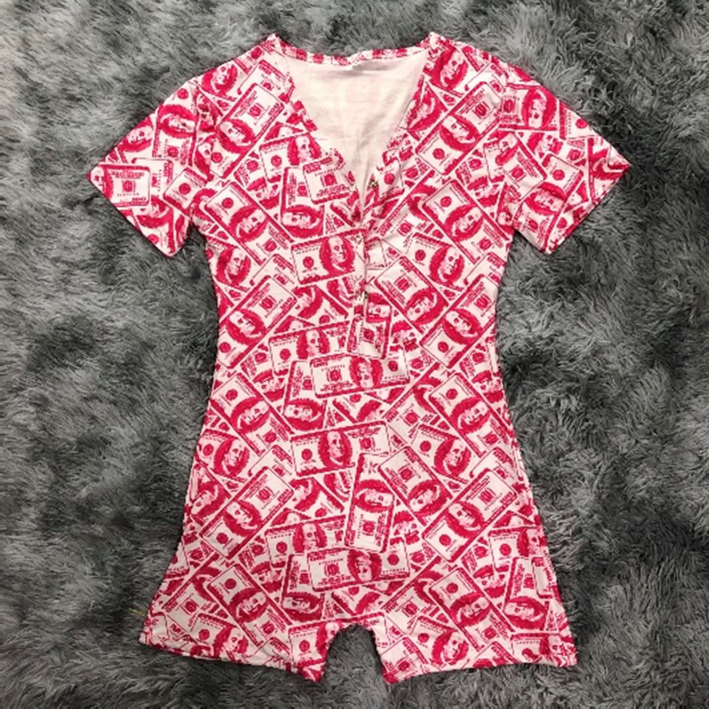E679  Pink Money Design Adult One Piece Pajama