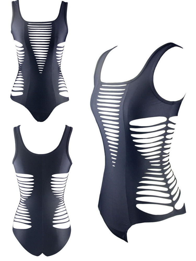 KT258 Black Shredded One-Piece Swimsuit/Bodysuit