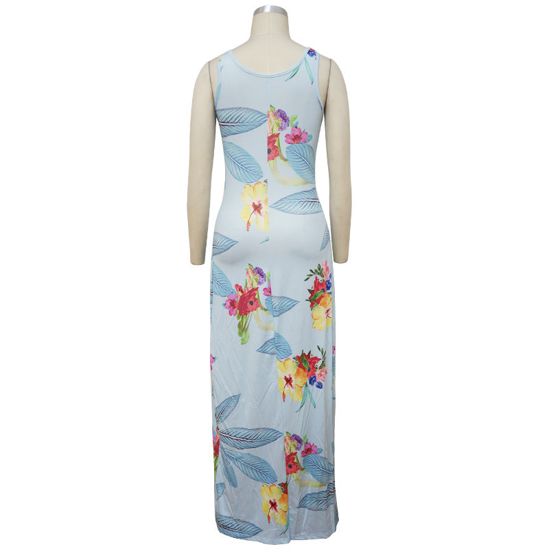 9870B Blue Floral Printed Split Beach Dress/Cover Up