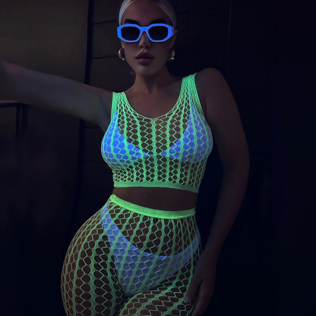 LUM15 Neon Green Luminous Hollow Net Beach Cover-Up/Lingerie