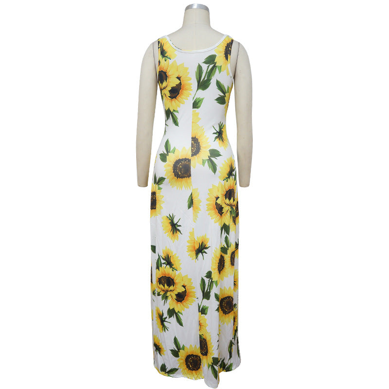9870S Sunflower Printed Split Beach Dress/Cover Up