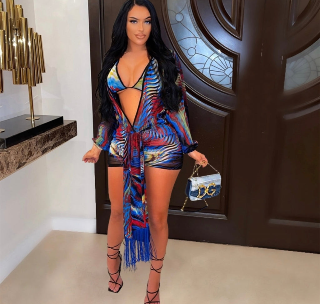S728 Blue Three Piece Sling Bikini Set