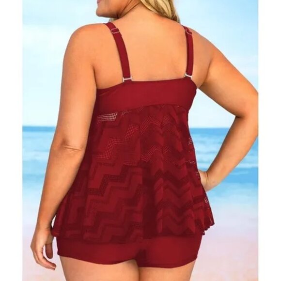 SL153 Red Ruffled Sleeveless V Neck Plus Size Swimsuit