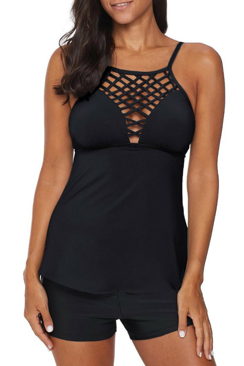 S162 Black Netted Hollow-out Tankini Swim Set
